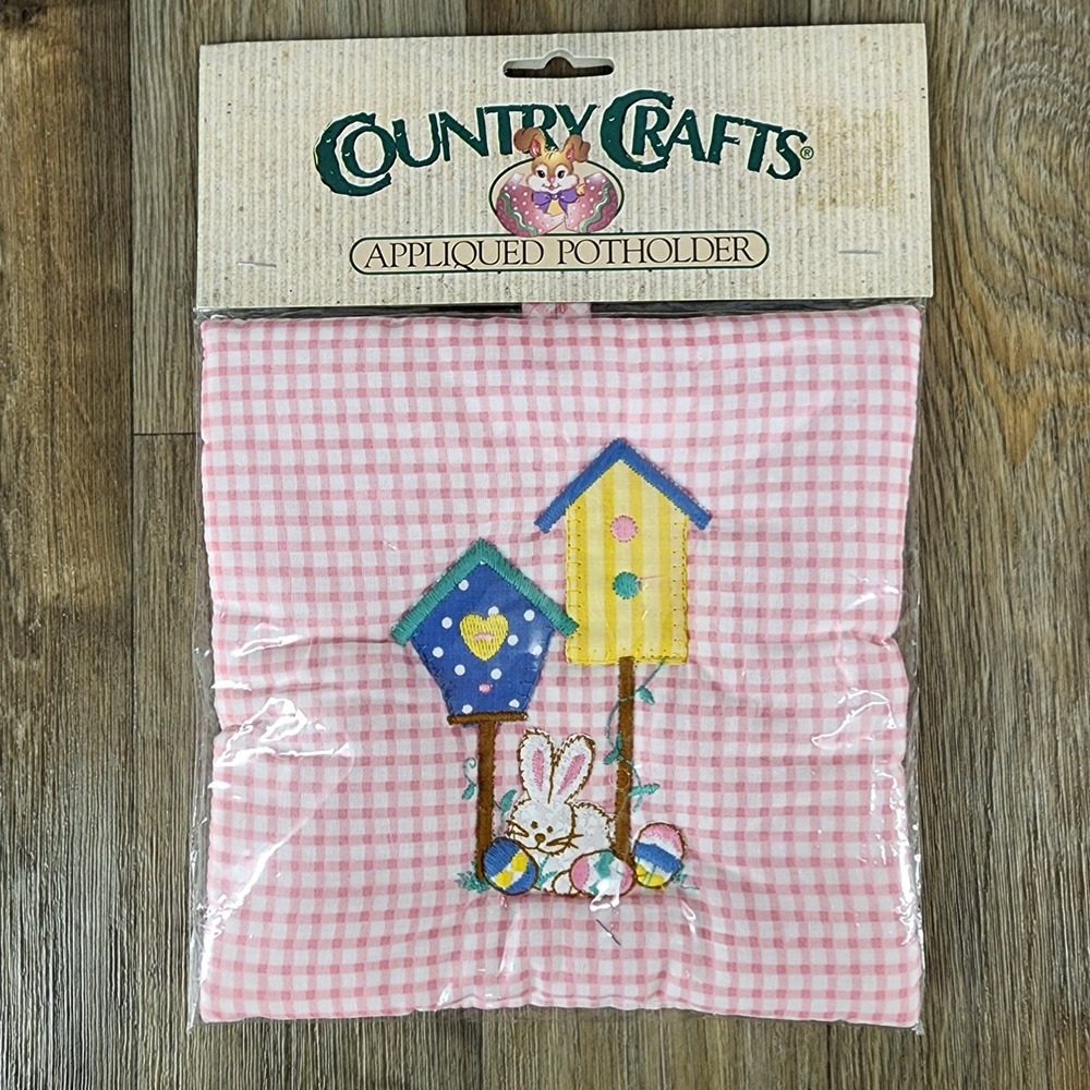 Country Crafts VTG Easter Potholder‎ Pink Gingham Bunny Birdhouse Applique New